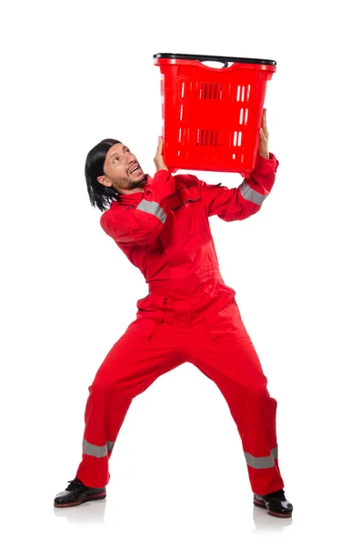 Man in red coveralls with shopping supermarket cart trolley — Stock Photo, Image