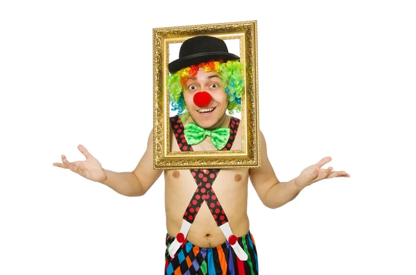 Clown met fotolijst geïsoleerd op wit — Stockfoto