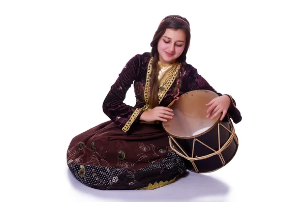 Young azeri woman playing traditional drum nagara — Stock Photo, Image