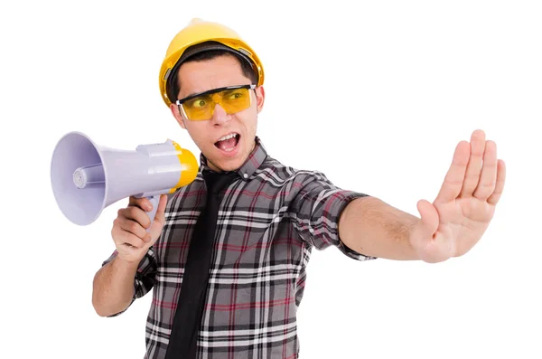 Construction supervisor shouting at megaphone — Stock Photo, Image