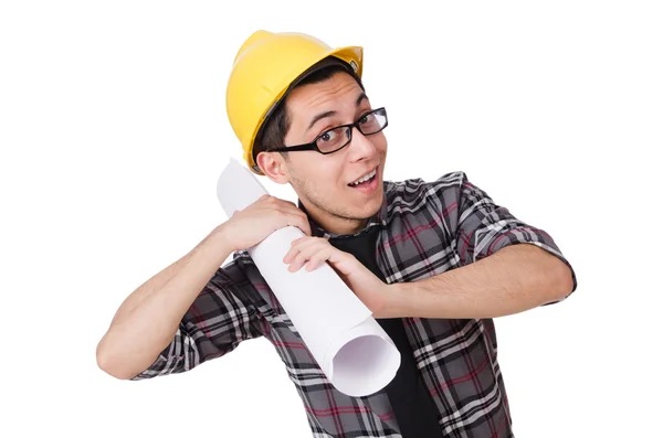 Funny man with blueprints on white — Stock Photo, Image