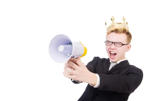 Uomo con corona e megafono isolato su bianco — Foto Stock