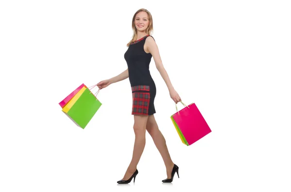 Woman after shopping spree on white — Stock Photo, Image