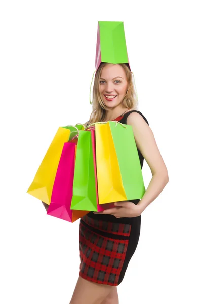 Woman after shopping spree on white — Stock Photo, Image