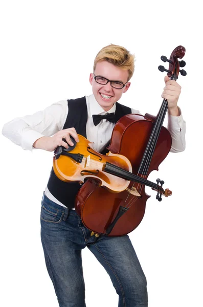 Uomo divertente con violino su bianco — Foto Stock