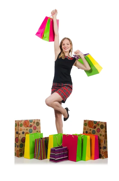 Jovem mulher depois de fazer compras isolado no branco — Fotografia de Stock