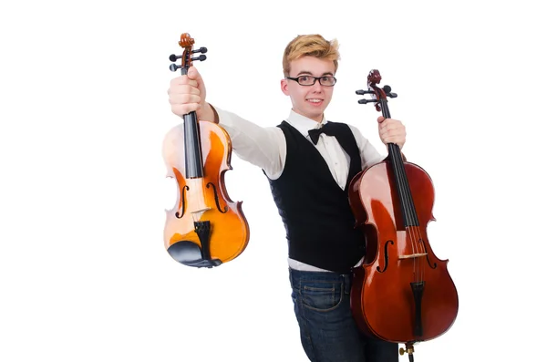 Hombre divertido con violín en blanco —  Fotos de Stock