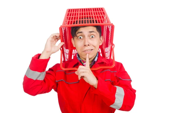 Man in red coveralls with shopping supermarket cart trolley — Stock Photo, Image