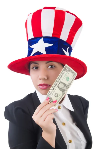 Giovane donna con dollaro e cappello USA — Foto Stock