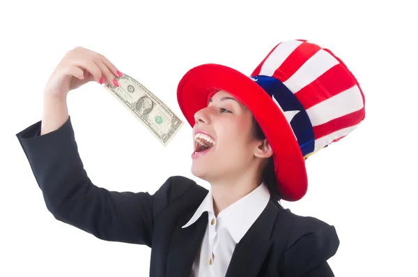 Mujer joven con el dólar y el sombrero de EE.UU. — Foto de Stock