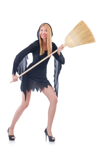 Woman with broom on white — Stock Photo, Image