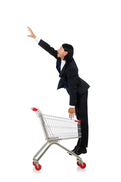 Man shopping with supermarket basket cart isolated on white Royalty Free Stock Photos