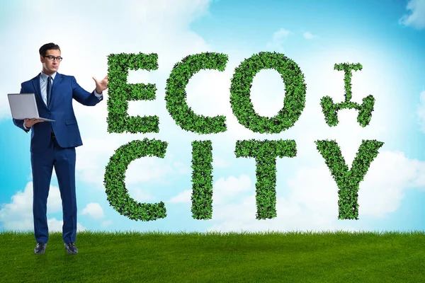 Eco-stad in ecologie concept met zakenman — Stockfoto