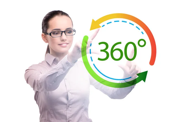 Concetto a 360 gradi con imprenditrice premendo il pulsante — Foto Stock