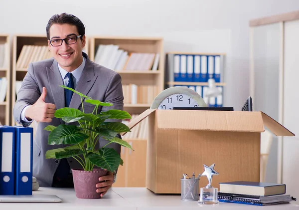 Man moving office with box and his belongings