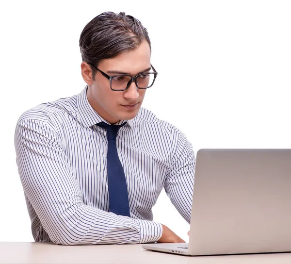 Hombre de negocios guapo trabajando con ordenador portátil aislado en wh — Foto de Stock