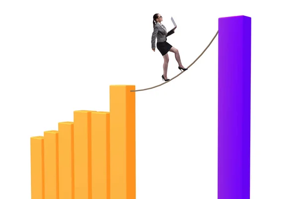 Businesswoman walking on tight rope between bar chart — Stock Photo, Image