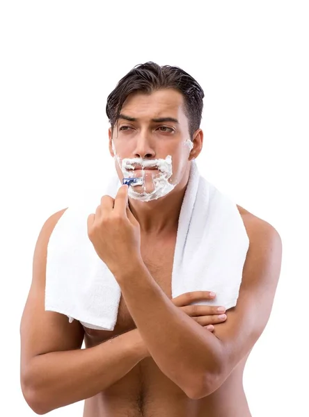 Przystojny mężczyzna golenie na białym tle na białym tle — Zdjęcie stockowe