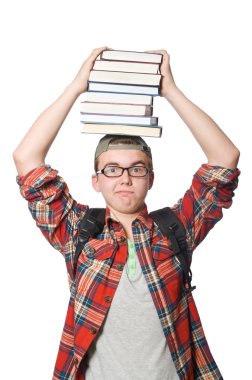 Bir yığın kitabı olan komik öğrenci.