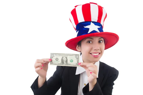 Ung kvinna med dollar och usa hatt — Stockfoto