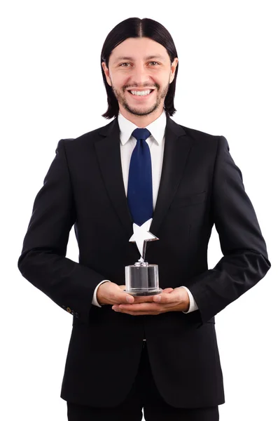 Empresario con premio estrella aislado en blanco — Foto de Stock