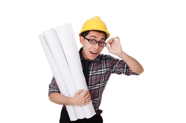 Funny man with blueprints on white — Stock Photo, Image