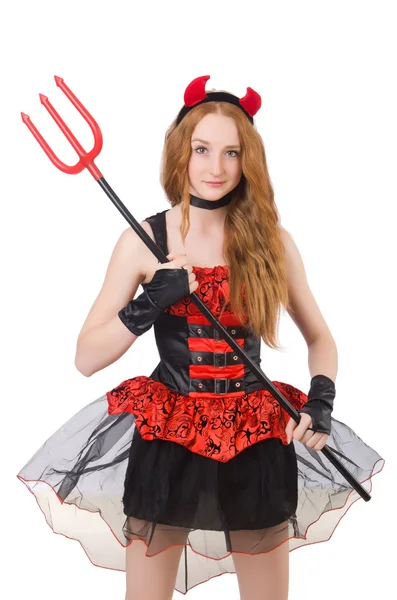 Woman devil with trident on white — Stock Photo, Image