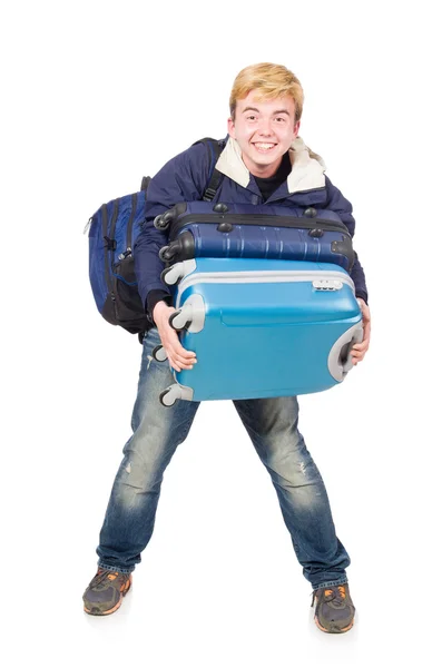 Funny man with luggage on white — Stock Photo, Image