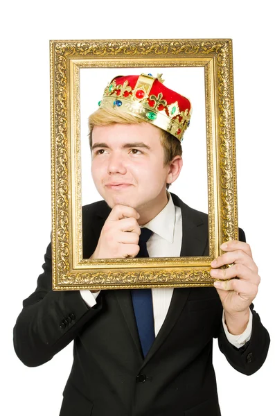Muž s obrázkovým rámem izolovaný na bílém — Stock fotografie