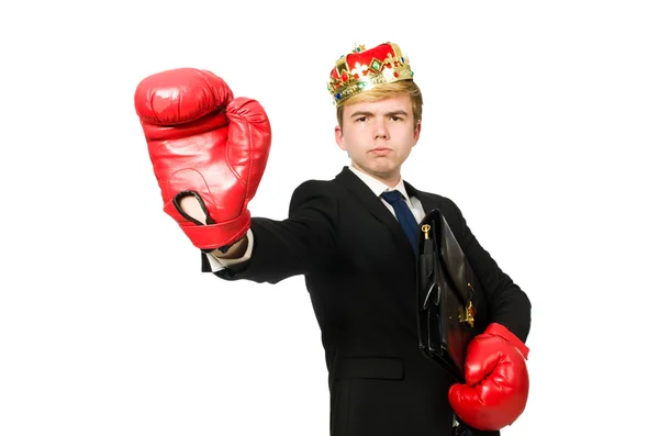 Hombre de negocios divertido con corona y guantes de boxeo — Foto de Stock