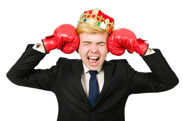 Funny businessman with crown and boxing gloves — Stock Photo, Image