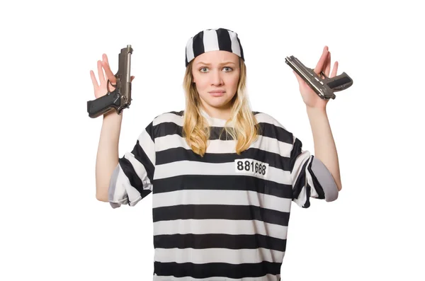 Prison inmate with gun isolated on white — Stock Photo, Image