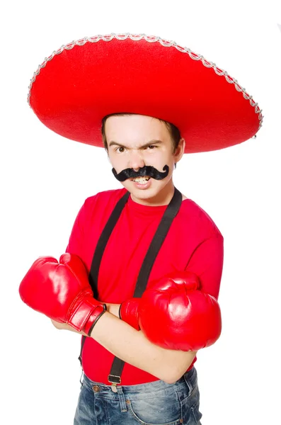 Komik Meksikalı boksör eldivenleri üzerinde beyaz izole ile — Stok fotoğraf