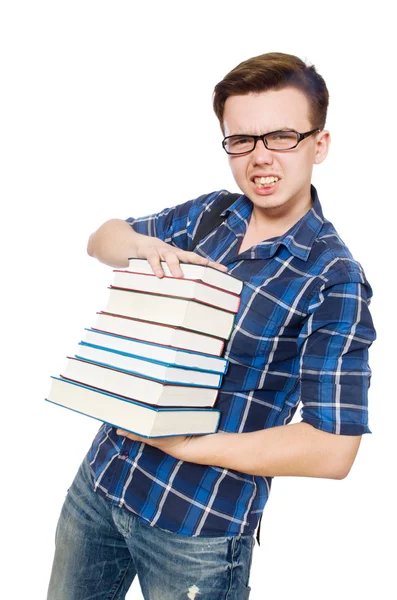 Śmieszny student z stosem książek — Zdjęcie stockowe