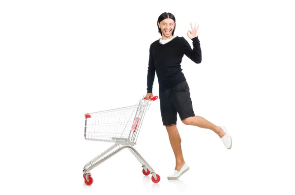 Hombre de compras con carrito cesta de supermercado aislado en blanco — Foto de Stock