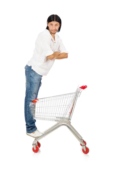 Hombre de compras con carrito cesta de supermercado aislado en blanco — Foto de Stock