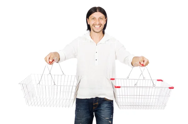 Uomo shopping con carrello supermercato isolato su bianco — Foto Stock