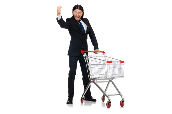 Man shopping with supermarket basket cart isolated on white — Stock Photo, Image