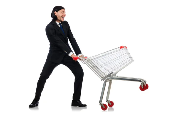 Man winkelen met supermarkt mand kar geïsoleerd op wit — Stockfoto