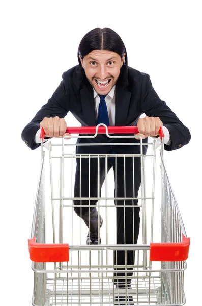 Uomo shopping con carrello supermercato isolato su bianco — Foto Stock