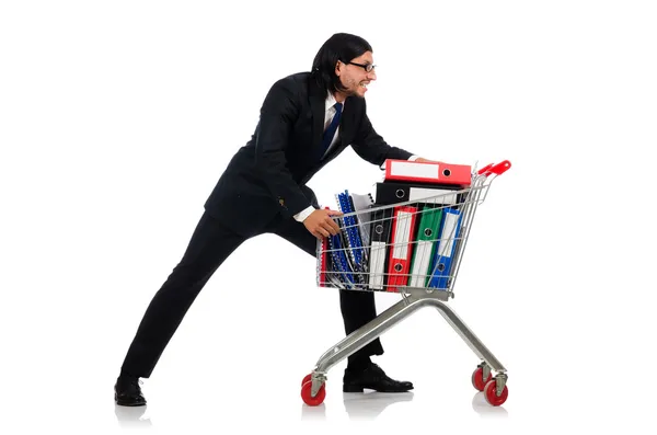 Man with business folders isolated on white — Stock Photo, Image