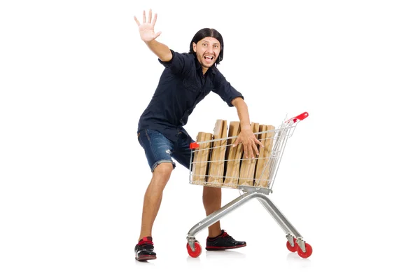 Hombre de compras con carrito cesta de supermercado aislado en blanco — Foto de Stock