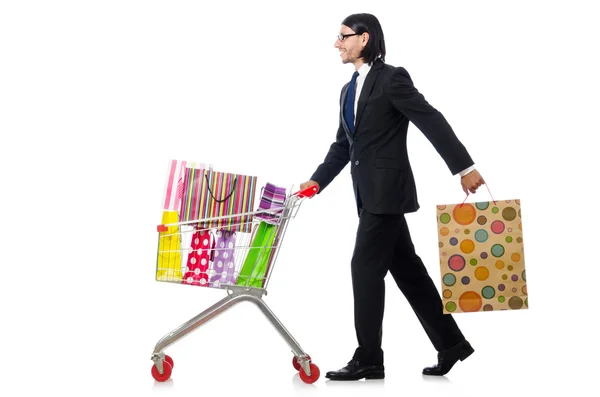 Homme shopping avec panier de supermarché panier isolé sur blanc — Photo