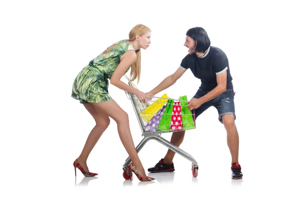 Happy family pair of wife and husband after shopping — Stock Photo, Image