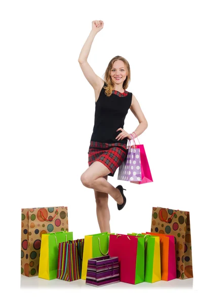 Young woman after shopping isolated on the white — Stock Photo, Image