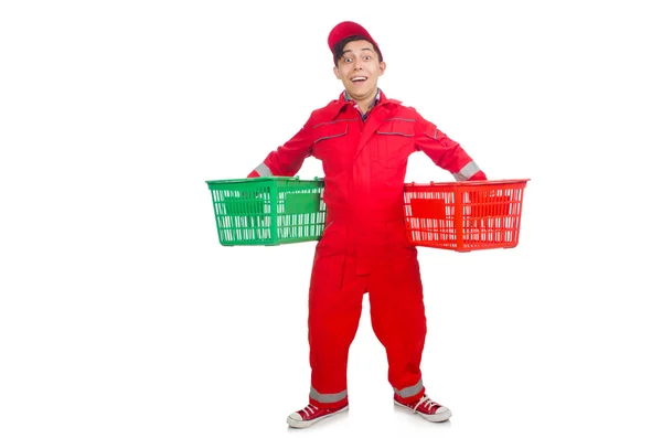 Man in red coveralls with shopping supermarket cart trolley — Stock Photo, Image