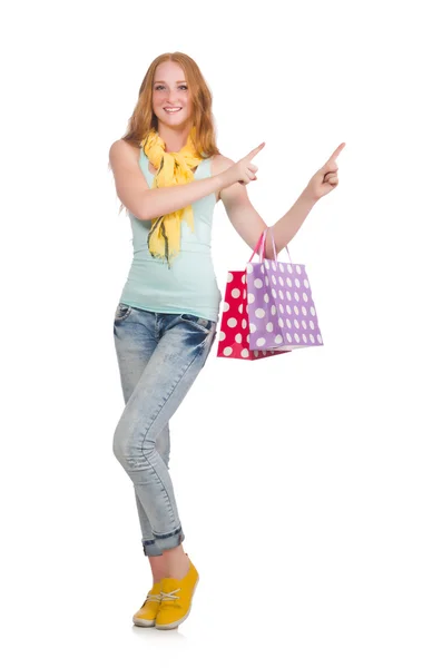 Donna in concetto di shopping isolato su bianco — Foto Stock