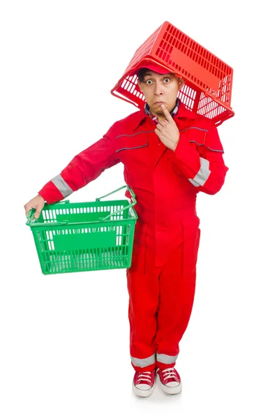 Man in red coveralls with shopping supermarket cart trolley — Stock Photo, Image