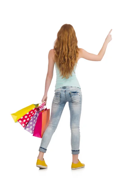 Frau in Shopping-Konzept isoliert auf Weiß — Stockfoto