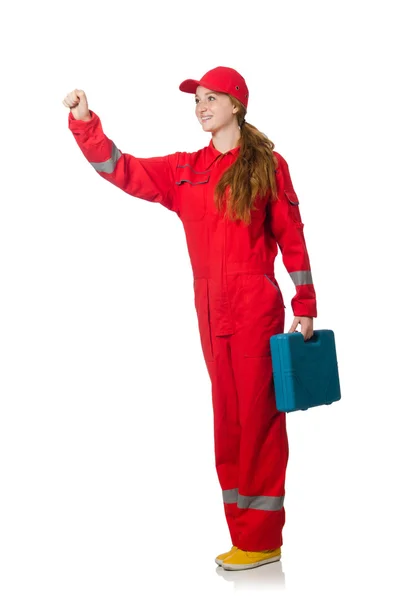 Woman in coveralls pressing virtual button — Stock Photo, Image